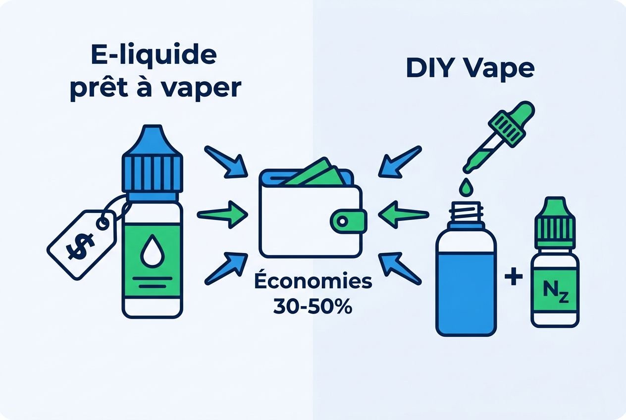 Cigarette électronique débutant pas cher: illustration montrant é-liquide prêt à vapoter et DIY Vape avec économies 30-50% sur accessoires et matériel vape.