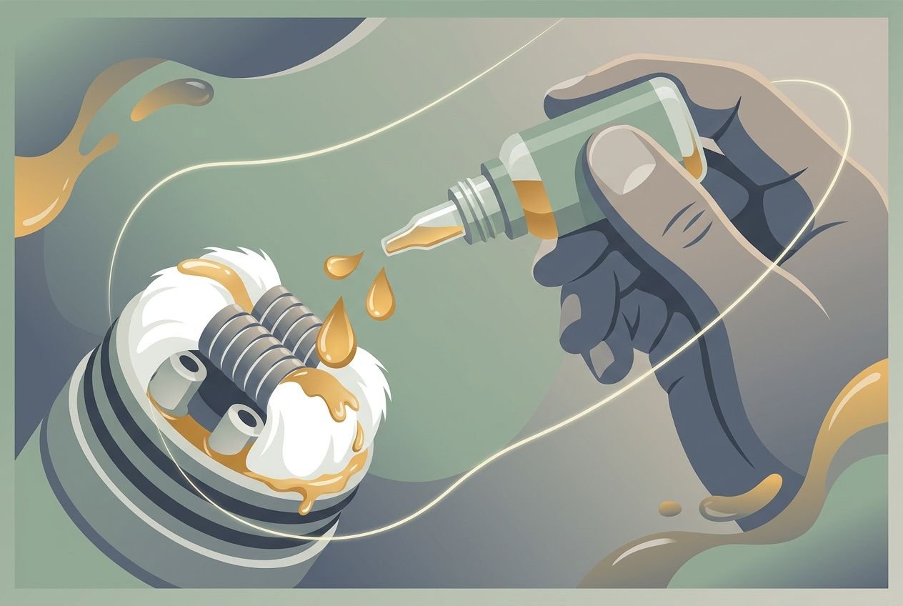 Un coup de pinceau montre une main remplissant une cartouche d’un atomiseur d’une cigarette électronique rechargeable avec du liquide, près d’un embout et d’un réservoir mouillé.