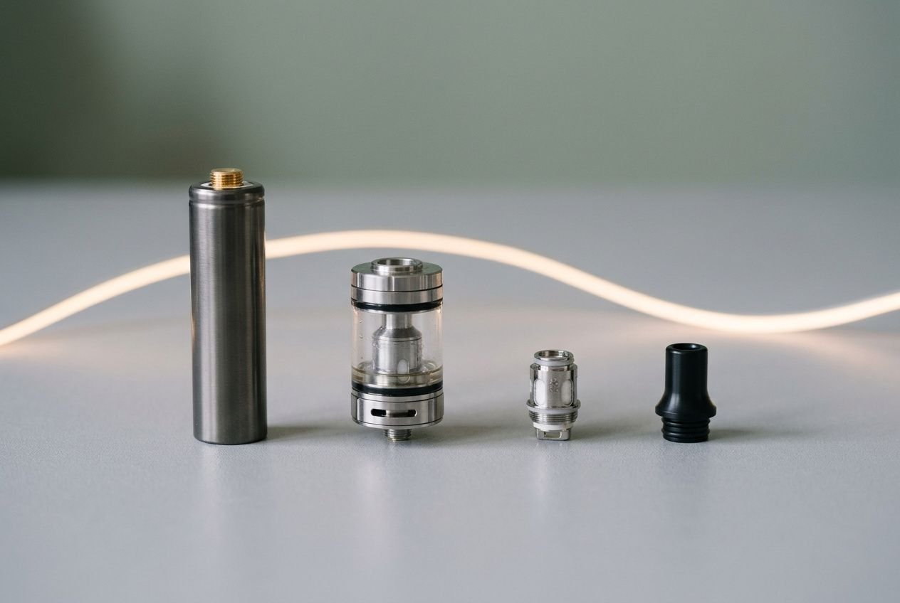 Gène d’une cigarette électronique rechargeable démontée en pièces: boîtier, réservoir transparent, atomiseur et embout, prêt pour apprendre comment utiliser une cigarette électronique rechargeable.