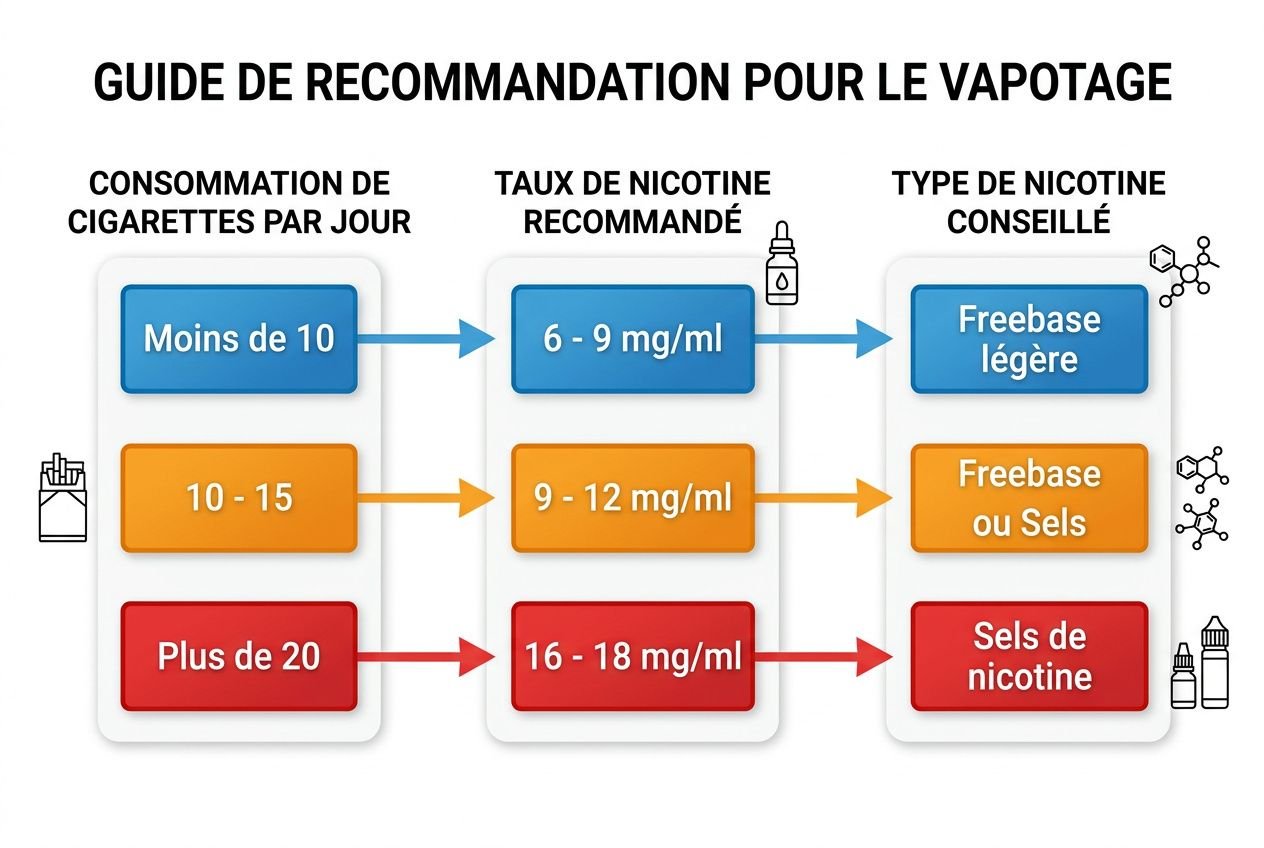 Guide de recommandation pour le vapotage montrant les consommations, taux de nicotine et types de nicotine conseillés. Cigarette électronique débutant pas cher est mis en contexte pour bons plans et prix réduit.