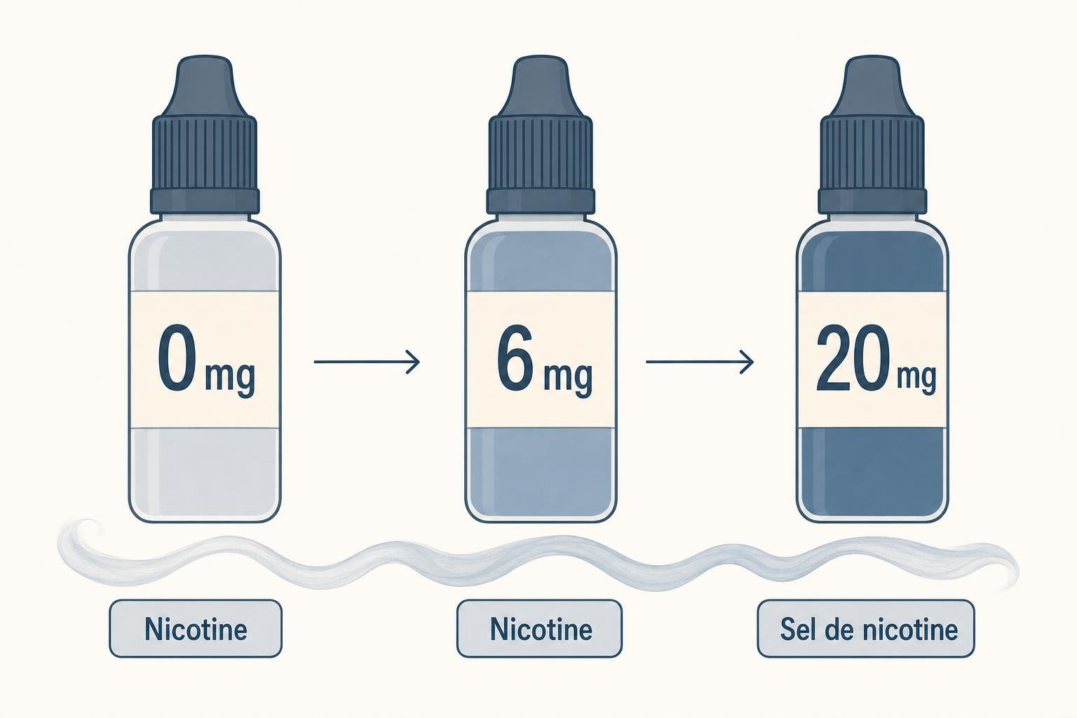 Illustration montrant une montée en taux de nicotine: flacons 0 mg → 6 mg → 20 mg, avec en dessous les étiquettes Nicotine, Nicotine et Sel de nicotine, au-dessus d’une traînée de jus.