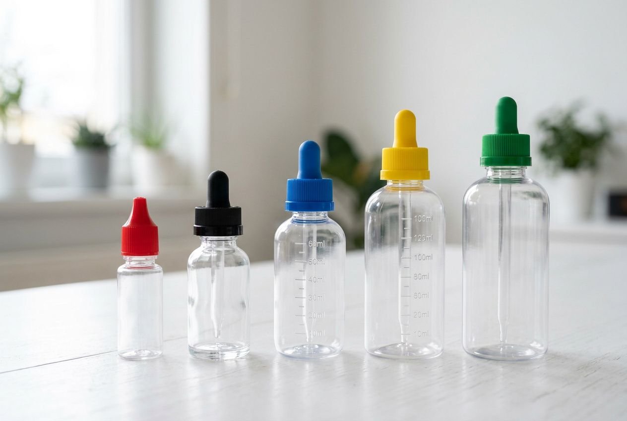 Jeustr d’un assortiment de flacons en plastique vides avec bouchons compte-gouttes colorés, prêt pour le remplissage d’e-liquide. flacon remplissage e-liquide.