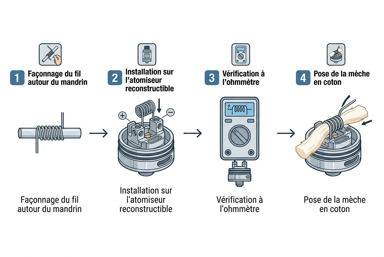 Pose d'un coil : schéma étape par étape montrant le façonnage du fil autour du mandrin, l’installation sur l’atomiseur reconstructible, la vérification ohmmètre et la pose de la mèche en coton.