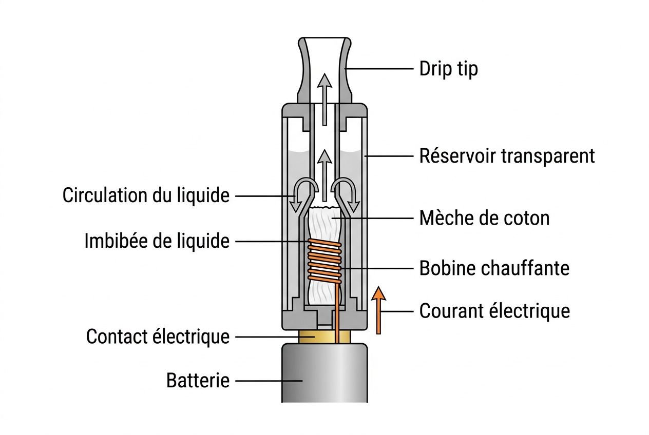 Schéma détaillé d’un atomiseur de cigarette électronique: éléments comme drip tip, réservoir transparent, mèche de coton, bobine chauffante et circuits, avec flèches indiquant la circulation du liquide et le courant électrique. Lexique de la vape intégré.