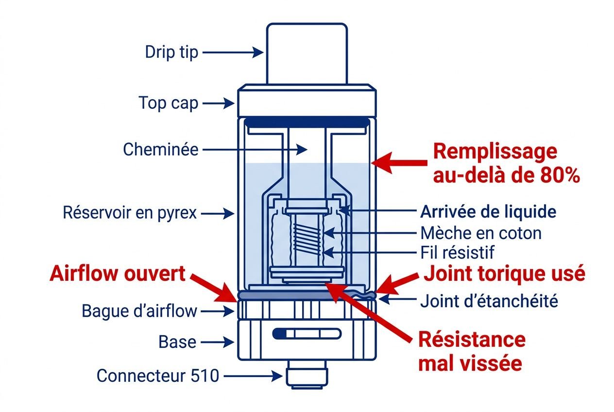 Schéma détaillé d’un réservoir de cigarette électronique avec étiquettes: Drip tip, Top cap, Cheminée, Réservoir en pyrex, Arrivée de liquide, Mèche en coton, Fil résistif, Joint d’étanchéité, Joint torique usé, Bague d’airflow, Base, Connecteur 510. Remplissage au-delà de 80% indiqué. Remplissage et fuite possibles.