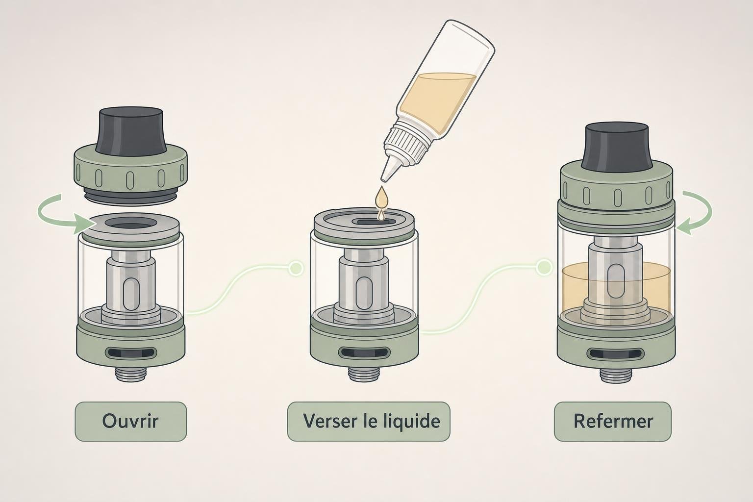 Schéma d’utilisation d’une cigarette électronique rechargeable: ouvrir, verser le liquide dans le réservoir, puis refermer.