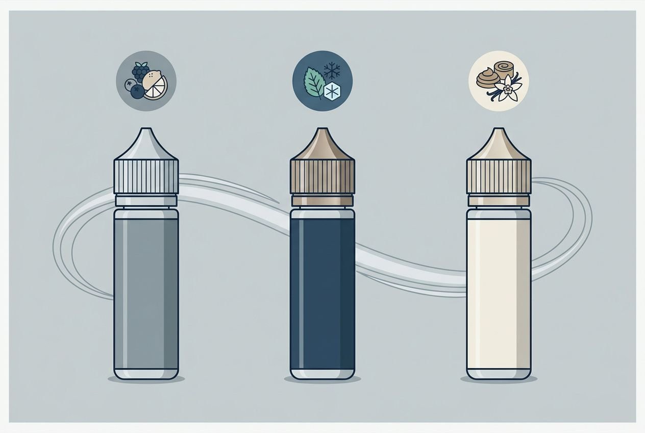 Trois flacons e-cigarette (atomiseur, clearomiseur et pod) alignés, chacun avec icône de saveur et de refroidissement au-dessus.
