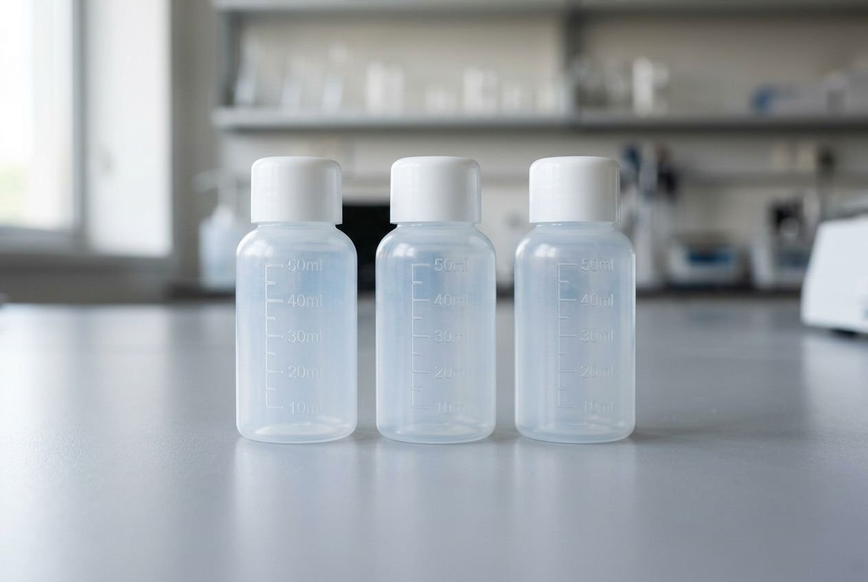 Trois flacons gradués transparents avec bouchons blancs, utilisés pour les accessoires diy e liquide.